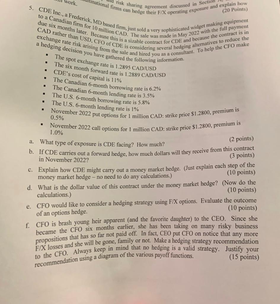  work. risk sharing agreement discussed in Section (20 Points) 5. CDE