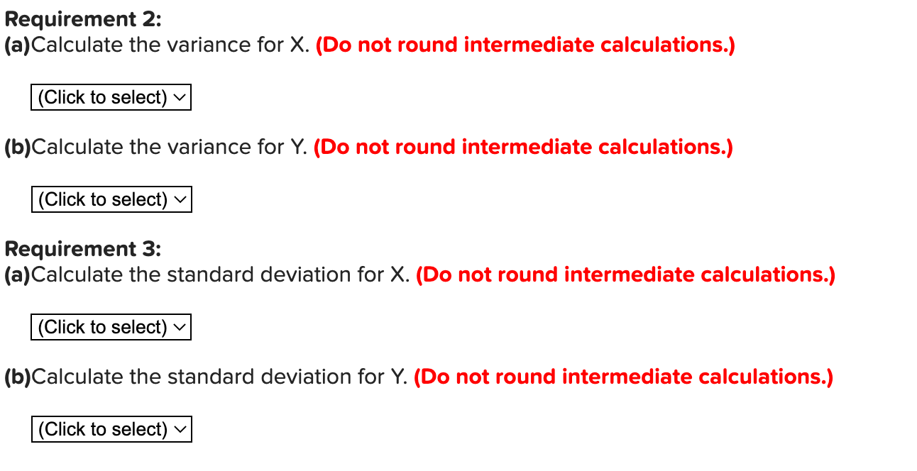 the average returns, the variances, and the standard deviations for X and