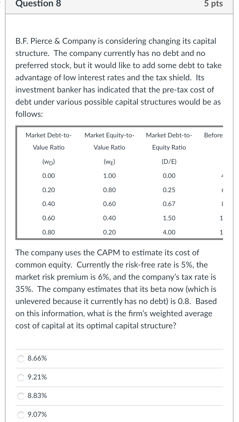  Question 8 5 pts B.F. Pierce & Company is considering changing