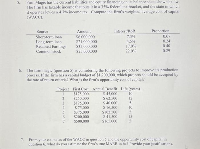 Q7 pls 5. Firm Magic has the current liabilities and equity financing