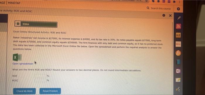  AGE MINDTAP Search this course e Activity: ROE and ROIC X