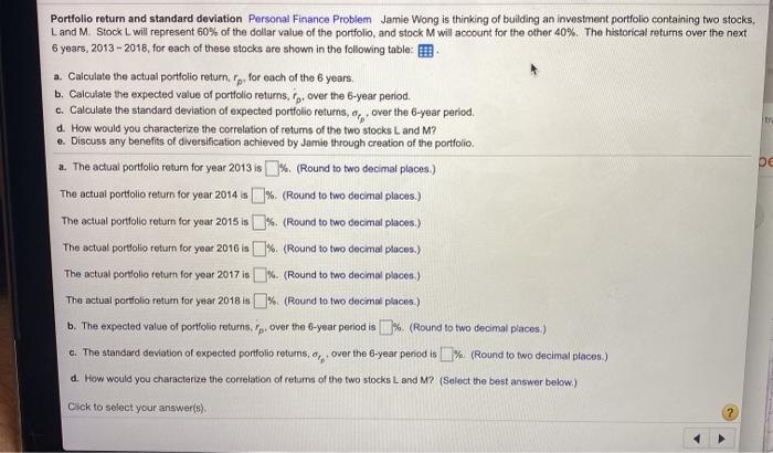  tr pe Portfolio return and standard deviation Personal Finance Problem Jamie