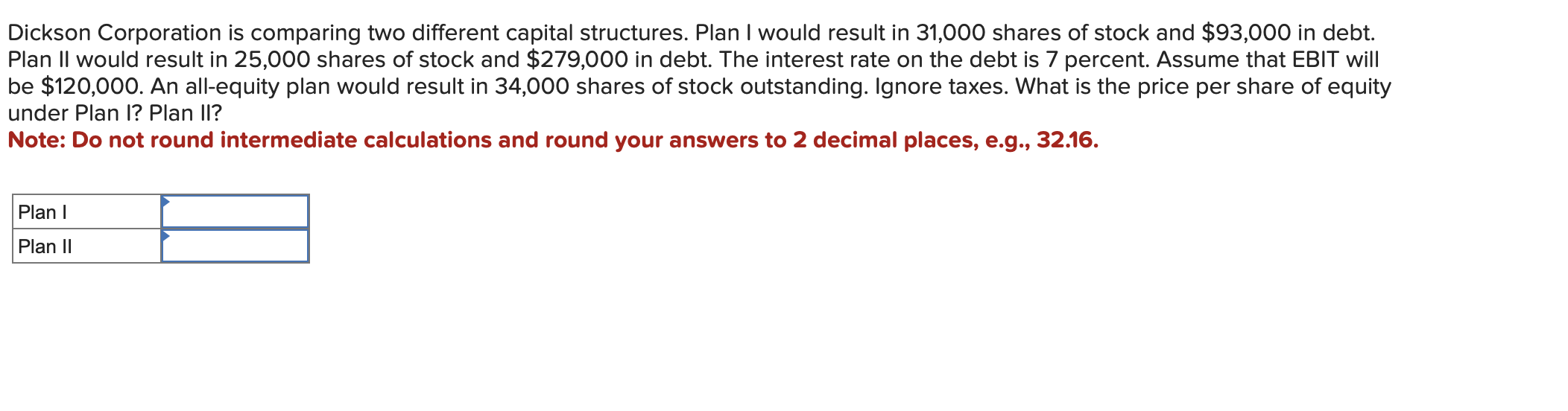  ickson Corporation is comparing two different capital structures. Plan I would