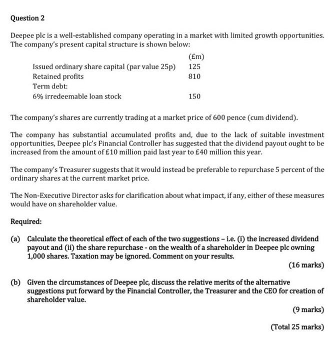  Question 2 Deepee plc is a well-established company operating in a