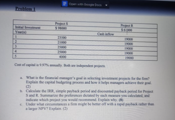 Open with Google Docs Problem 1 Projects $ 98000 Project R