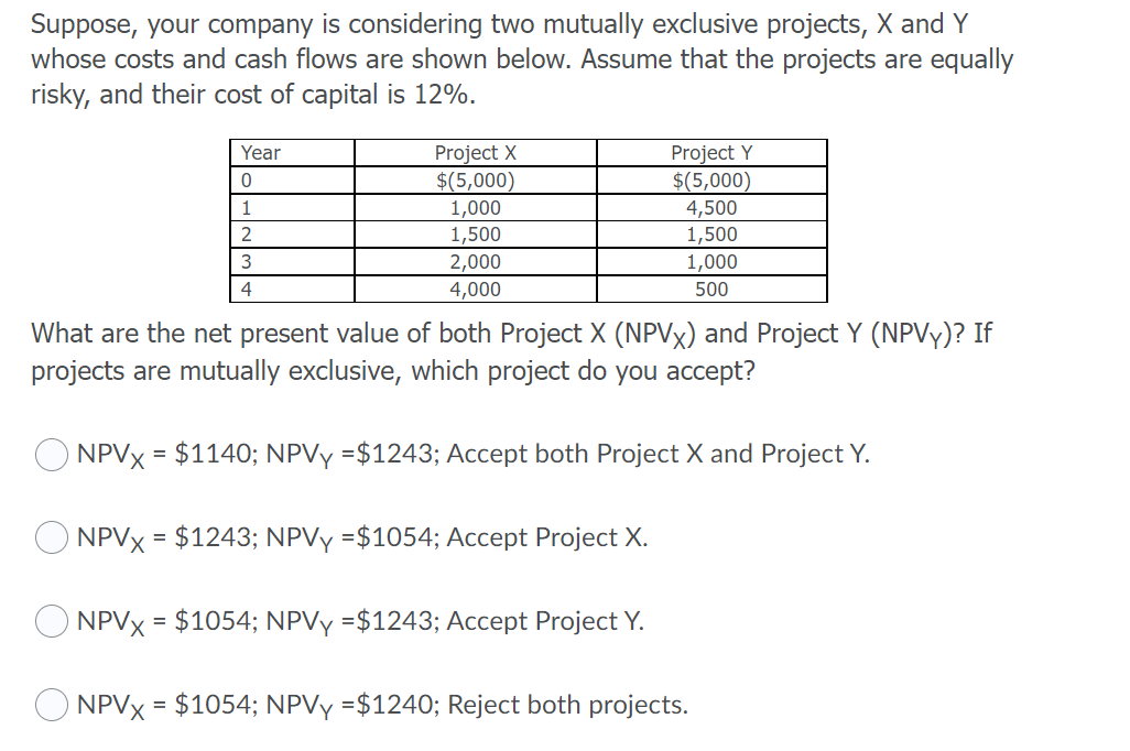 Suppose, your company is considering two mutually exclusive projects, X and