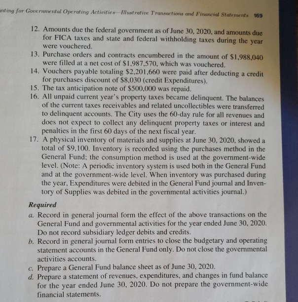Governments 4-27. Operating Transactions and Financial Statements. (LO4-1 through LO4-3) The City