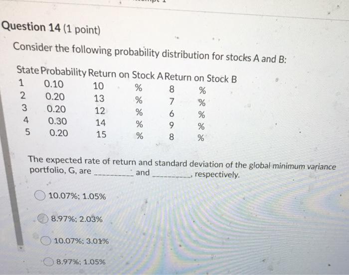  Question 14 (1 point) Consider the following probability distribution for stocks