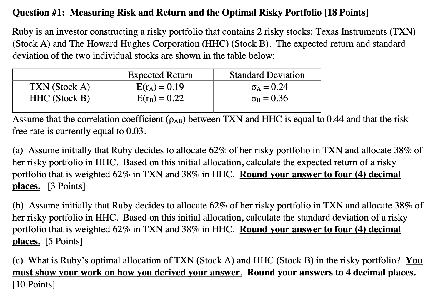  Question \\#1: Measuring Risk and Return and the Optimal Risky Portfolio