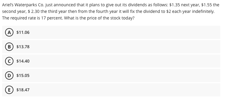 PLEASE SOLVE USING EXCEL FORMULAS Ariel's Waterparks Co. just announced that it