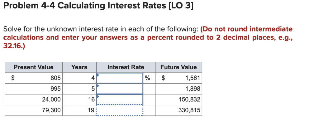  Problem 4-4 Calculating Interest Rates [LO 3] Solve for the unknown
