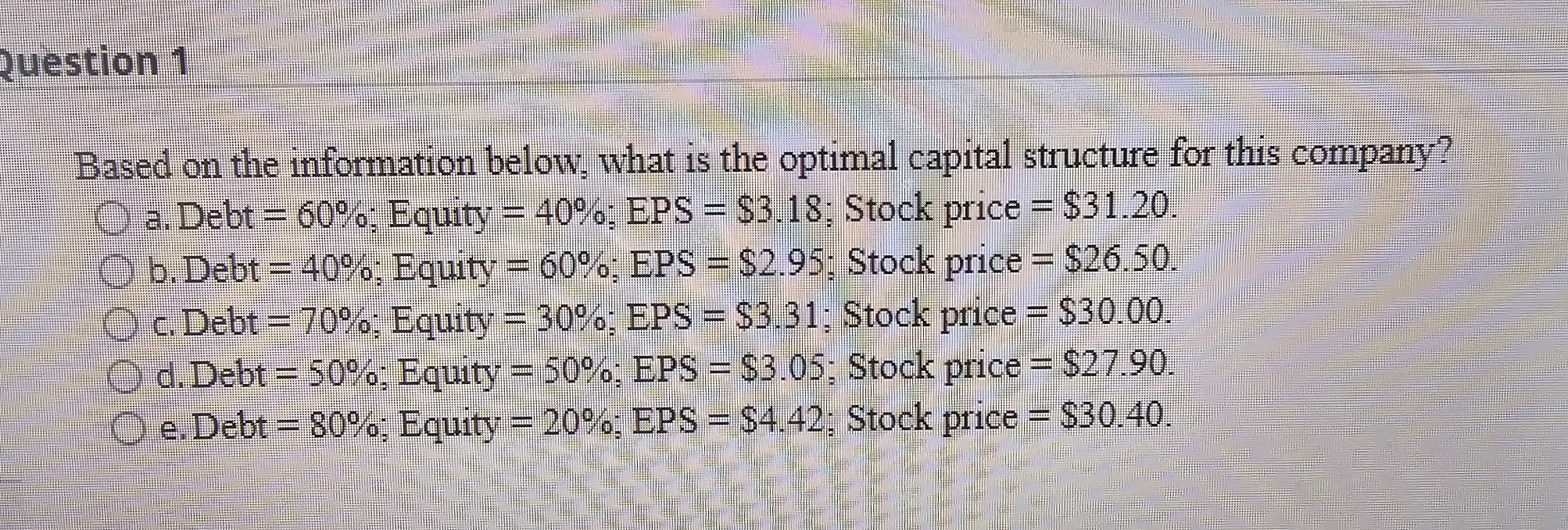  Based on the information below, what is the optimal capital structure