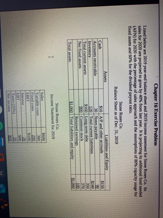  Chapter 16 Exercise Problem Listed below are 2019 year-end balance sheet
