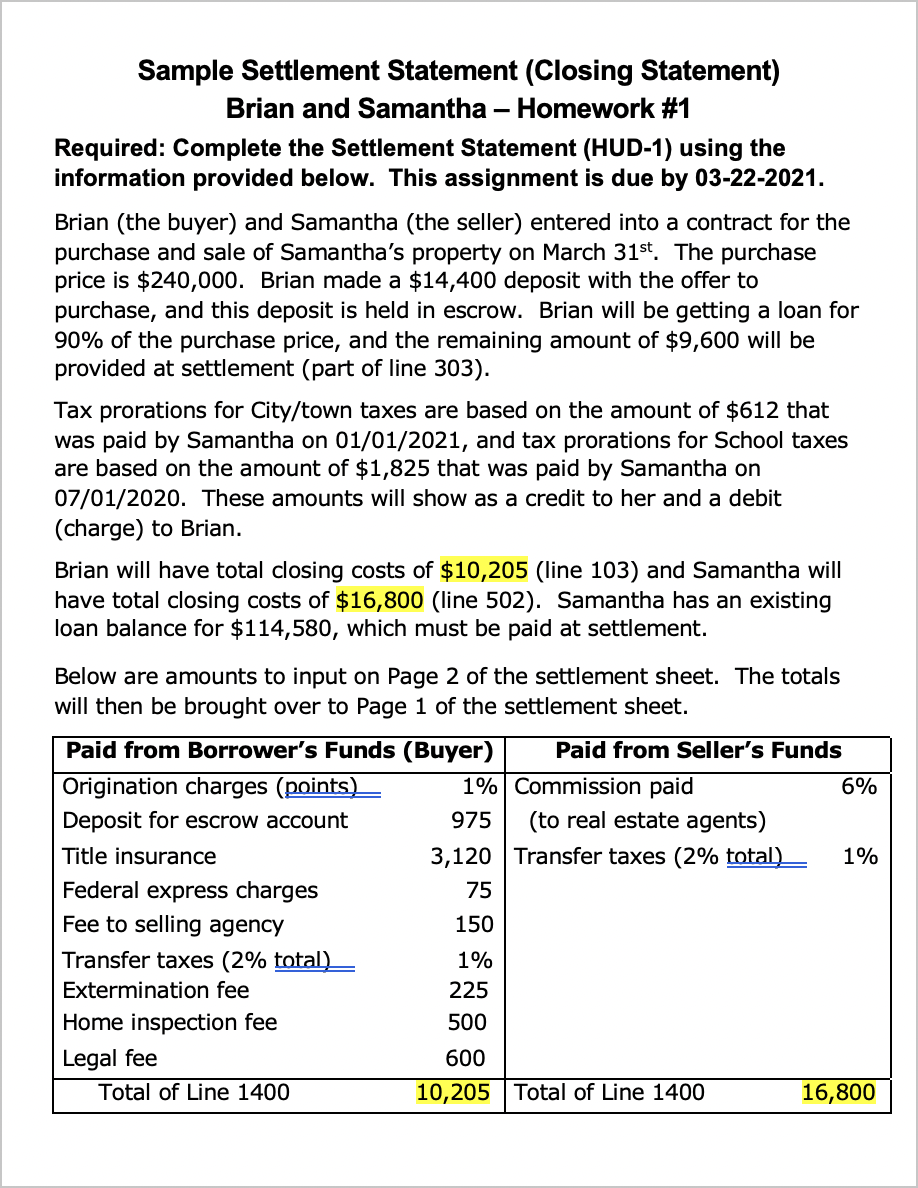  Sample Settlement Statement (Closing Statement) Brian and Samantha - Homework #1
