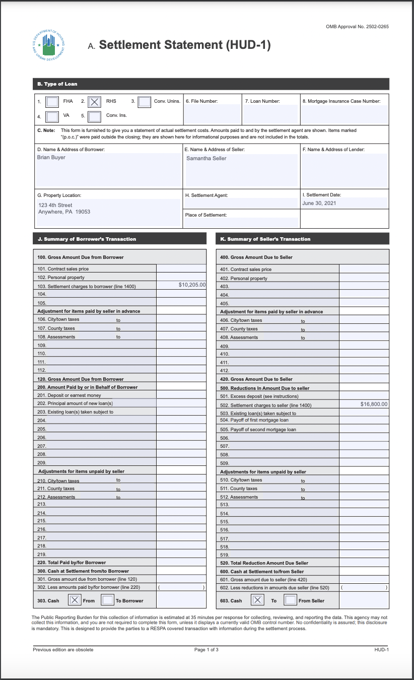 Required: Complete the Settlement Statement (HUD-1) using the information provided below. This