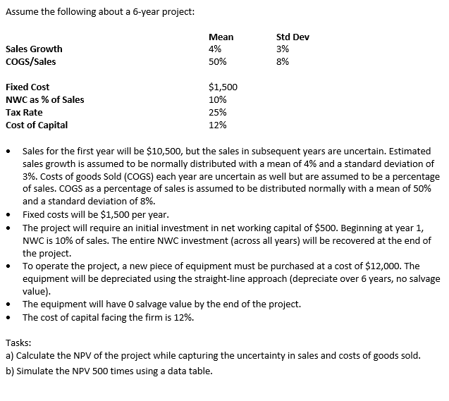  Assume the following about a 5-year project: Std Dev Mean 4%