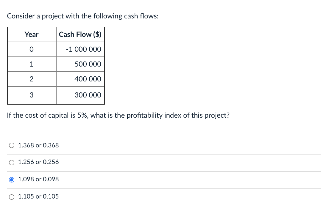 what is the correct option? Consider a project with the following cash