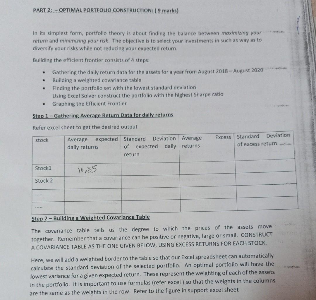 PART 2: - OPTIMAL PORTFOLIO CONSTRUCTION: (9 marks) In its simplest