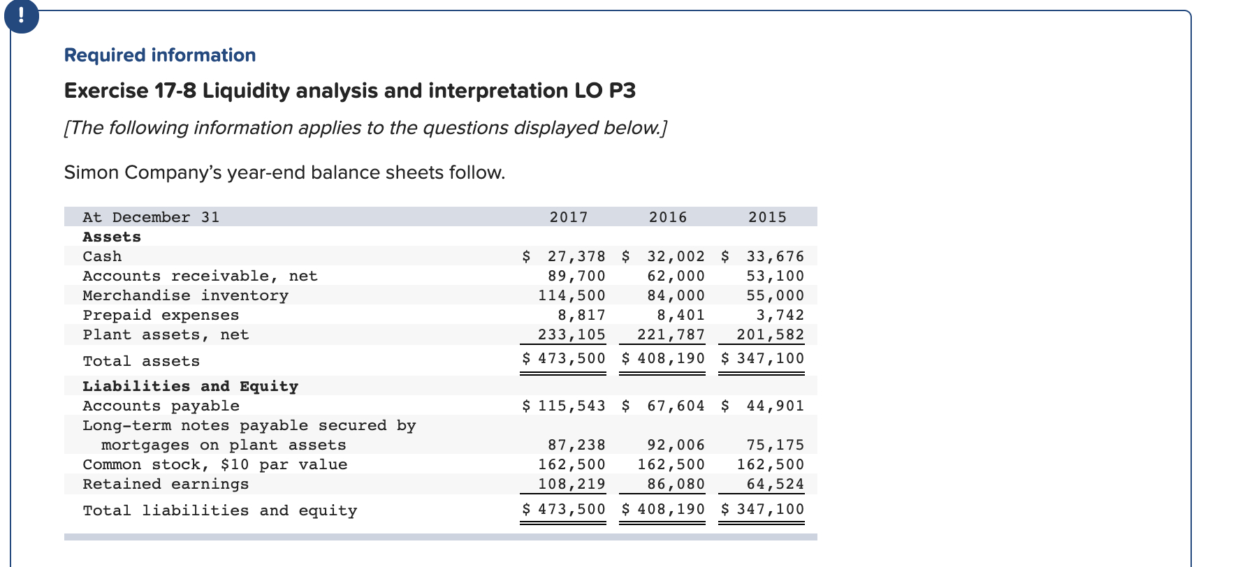  ! Required information Exercise 17-8 Liquidity analysis and interpretation LO P3