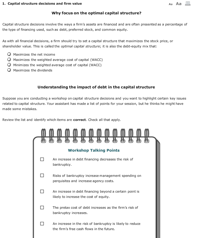 1. Capital structure decisions and firm value Aa Aa E Why