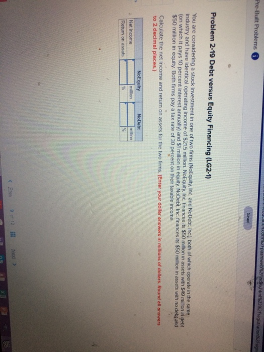  Problem 2-19 Debt versus Equity Financing (LG2-1) You are considering a