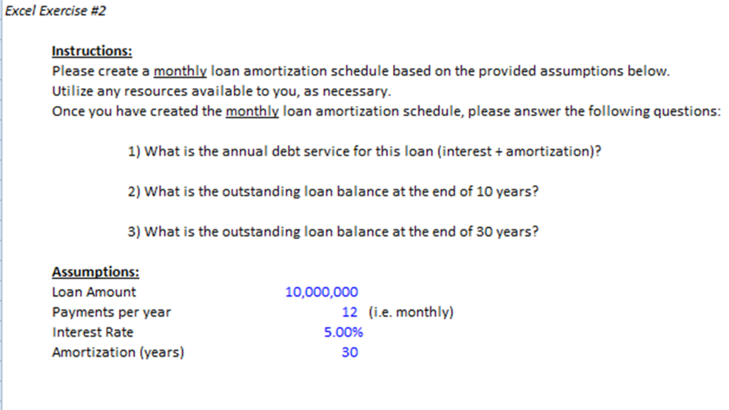  Excel Exercise #2 Instructions: Please create a monthly loan amortization schedule