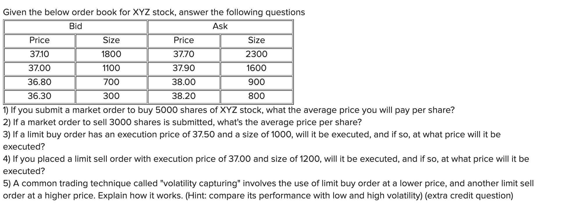 please solve the fifth question, thank you Given the below order book