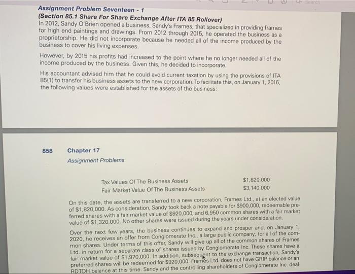  Assignment Problem Seventeen - 1 (Section 85.1 Share For Share Exchange