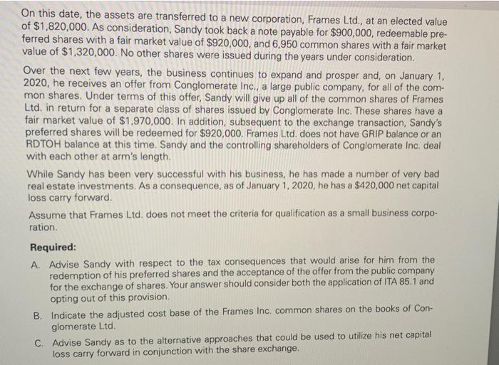 After ITA 85 Rollover) In 2012, Sandy O'Brien opened a business, Sandy's