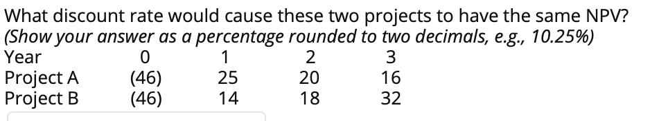  What discount rate would cause these two projects to have the