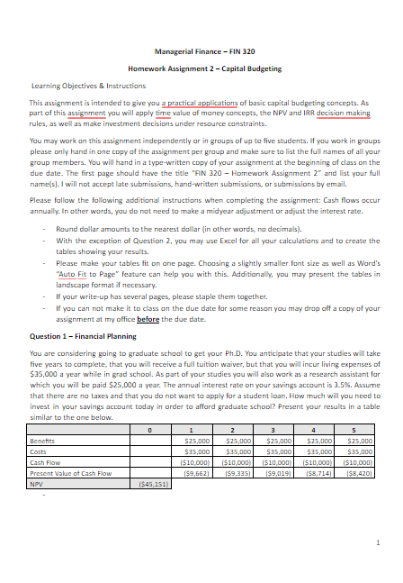 Complete Problem 2 and 3 Managerial Finance - FIN 320 Homework Assignment