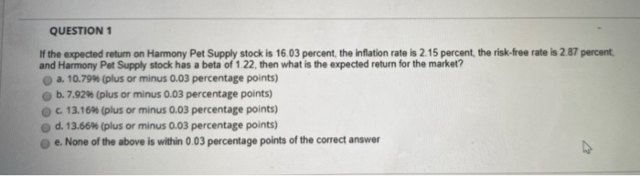  QUESTION 1 If the expected return on Harmony Pet Supply stock