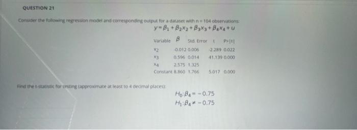  QUESTION 21 Consider the following regression model and corresponding output for