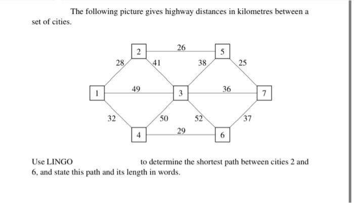 NOTE: ONLY LINGO solution is accepted. The following picture gives highway distances