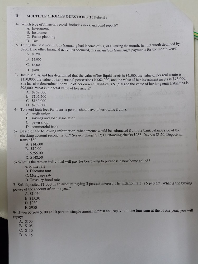 please help all the e questions II- MULTIPLE CHOICES QUESTIONS (10