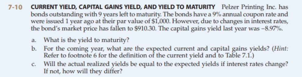 7-10 CURRENT YIELD, CAPITAL GAINS YIELD, AND YIELD TO MATURITY Pelzer