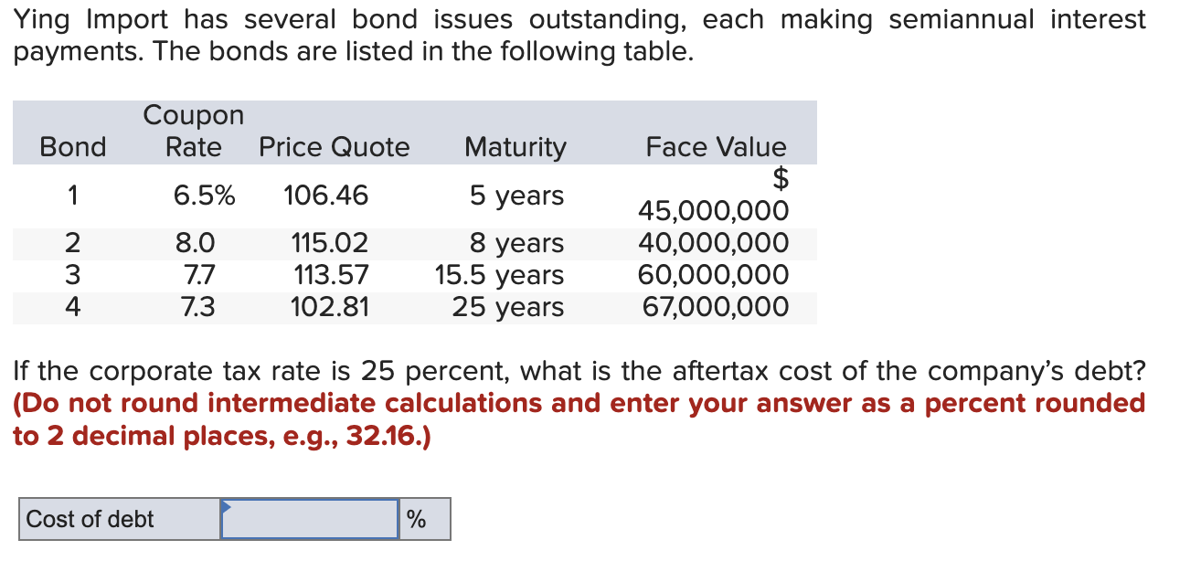  Ying Import has several bond issues outstanding, each making semiannual interest