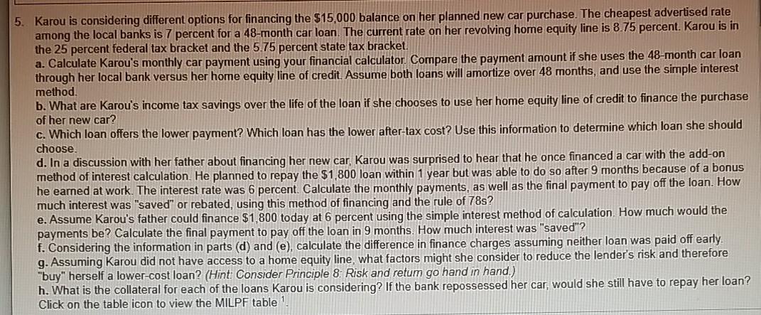 5. Karou is considering different options for financing the $15,000 balance