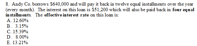  8. Andy Co. borrows S640,000 and will pay it back in