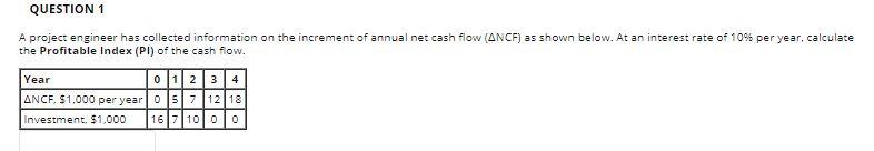 QUESTION 1 A project engineer has collected information on the increment