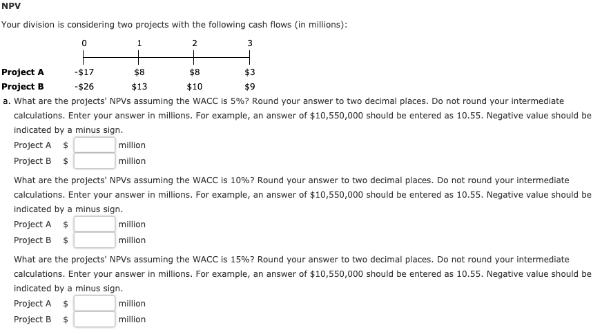 NPV Your division is considering two projects with the following cash