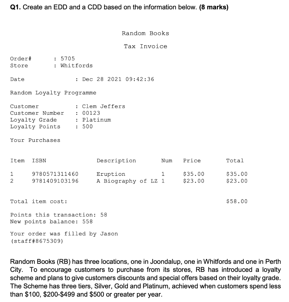  Q1. Create an EDD and a CDD based on the information