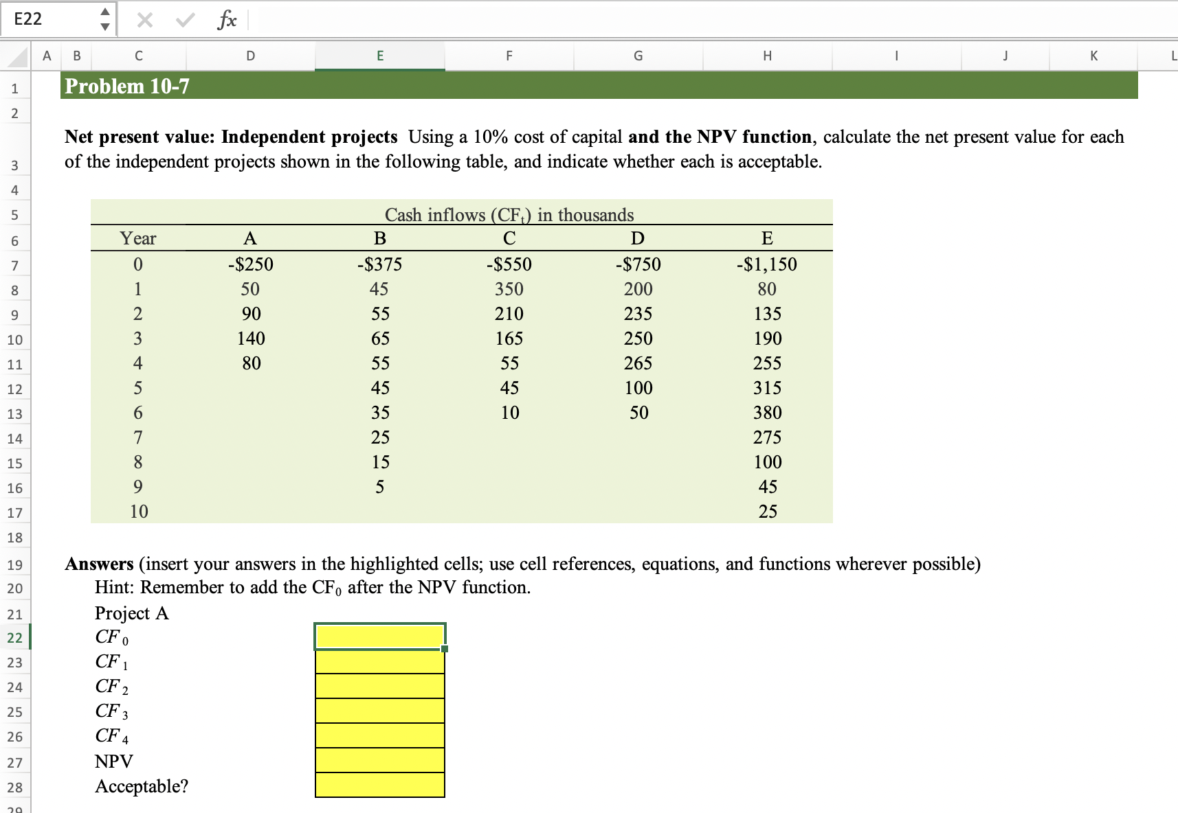 **** PLEASE ADD EXCEL FORUMLAS TO EACH YELLOW BOX. E22 IS THE