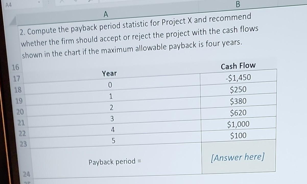 2. Compute the payback period statistic for Project X and recommend