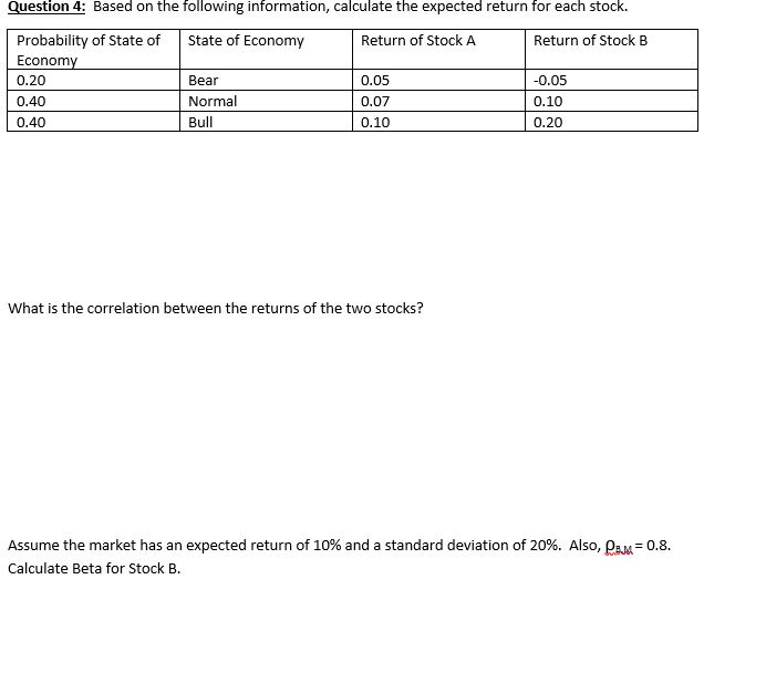  Question 4: Based on the following information, calculate the expected return