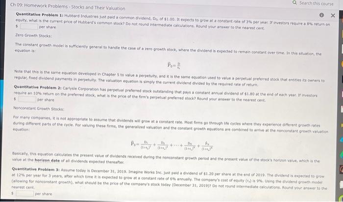 Search this course Ch 09: Homework Problems - Stocks and Their