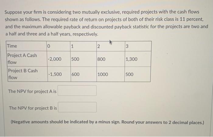  Suppose your firm is considering two mutually exclusive, required projects with