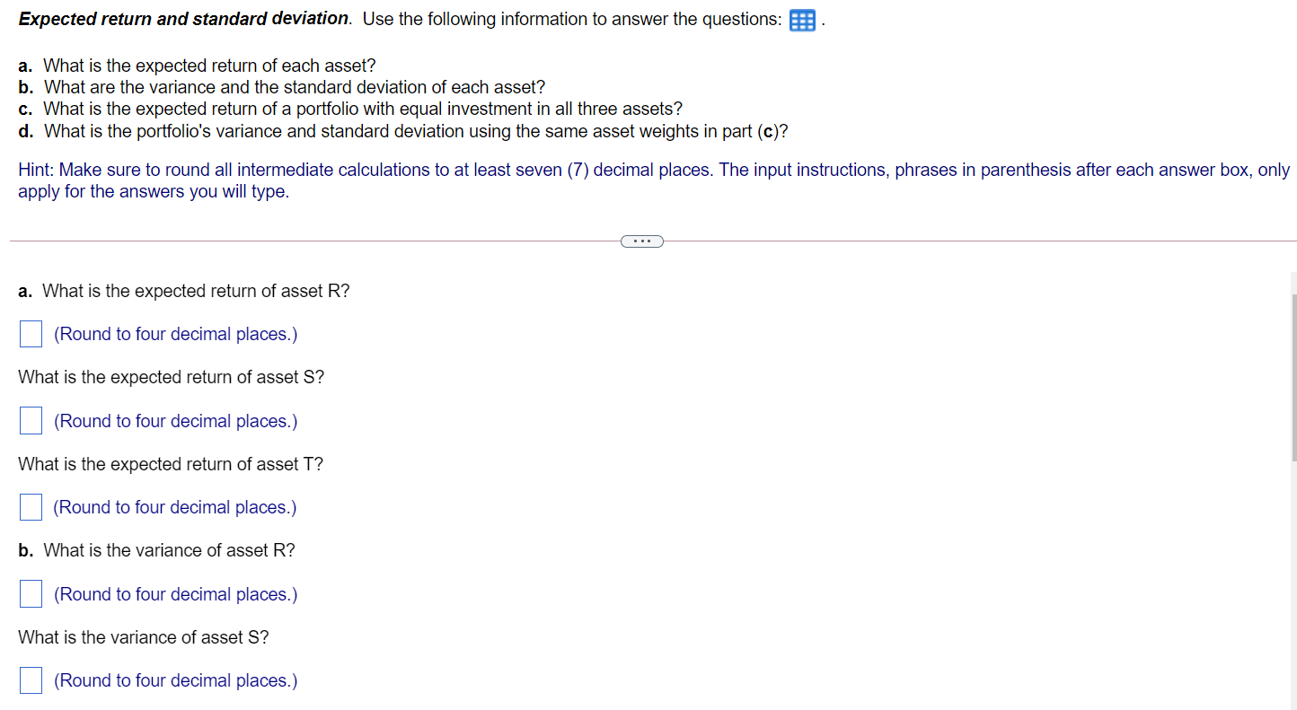  Expected return and standard deviation. Use the following information to answer