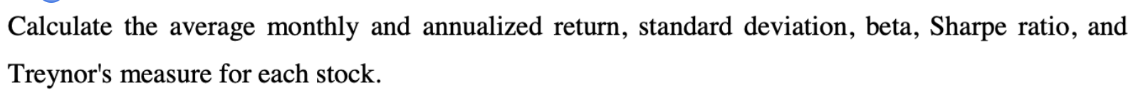 Calculate the average monthly and annualized return, standard deviation, beta, Sharpe