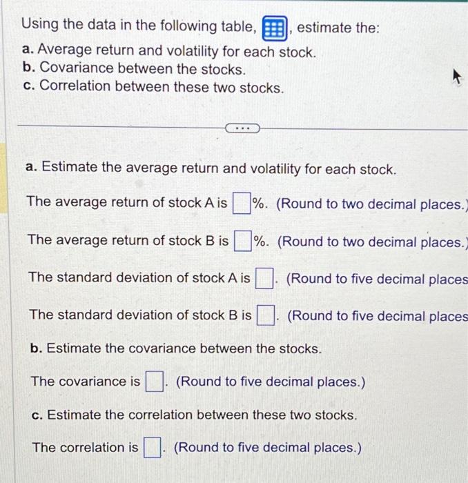 Using the data in the following table, , estimate the: a.